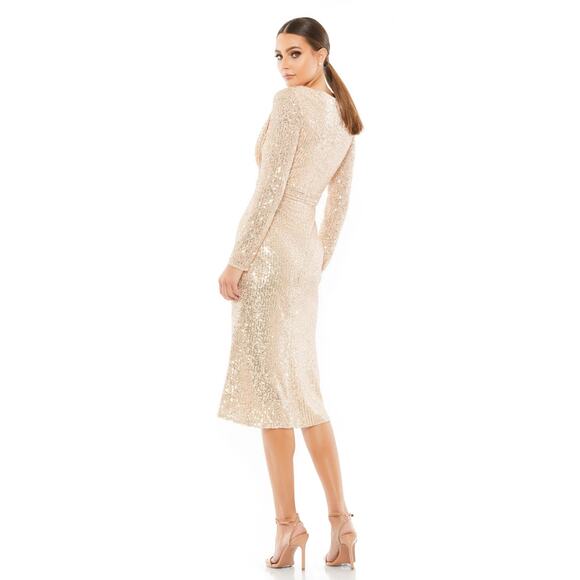 NWT Mac Duggal Rose Gold Sequined Faux Wrap Midi Dress Size 16 - Picture 3 of 3